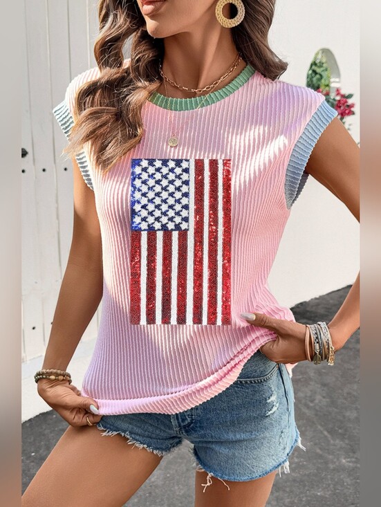 Just Jen Boutique LLC Tops - Pink Sleeveless Ribbed Tank with Sequin American Flag